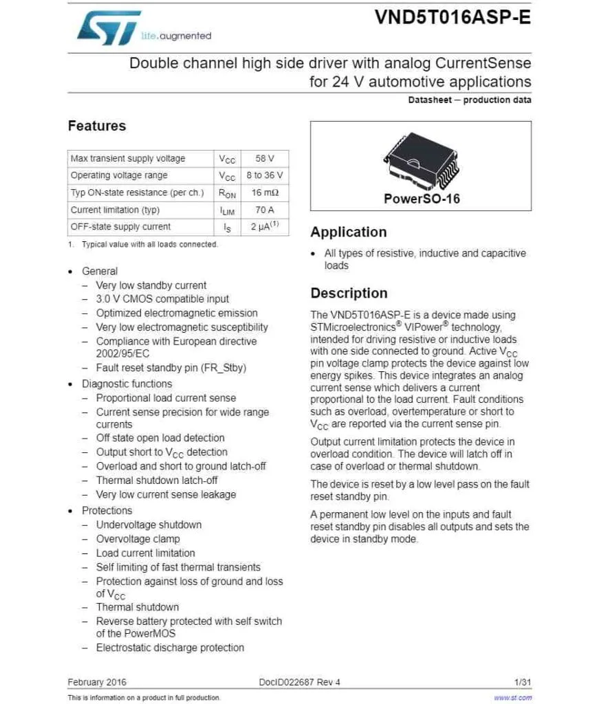 a picture of VND5T016ASPTRE datasheet