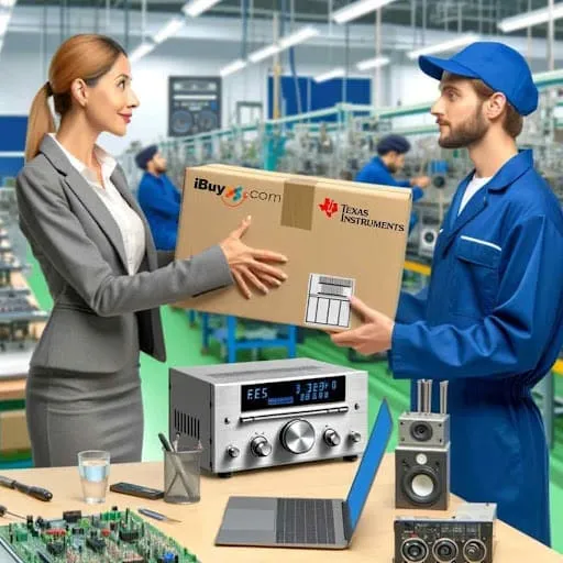 Woman receiving package from warehouse worker